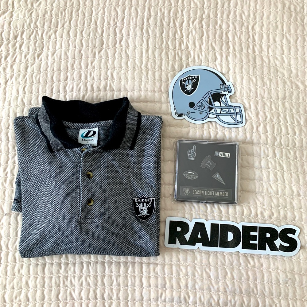 Oakland Las Vegas Raiders Gray￼ Men's XL Golf Polo Shirt / 2 Magnets / ‘17 Pins